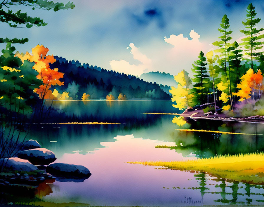 Serene lake scene with autumn trees and rocks in vibrant watercolor