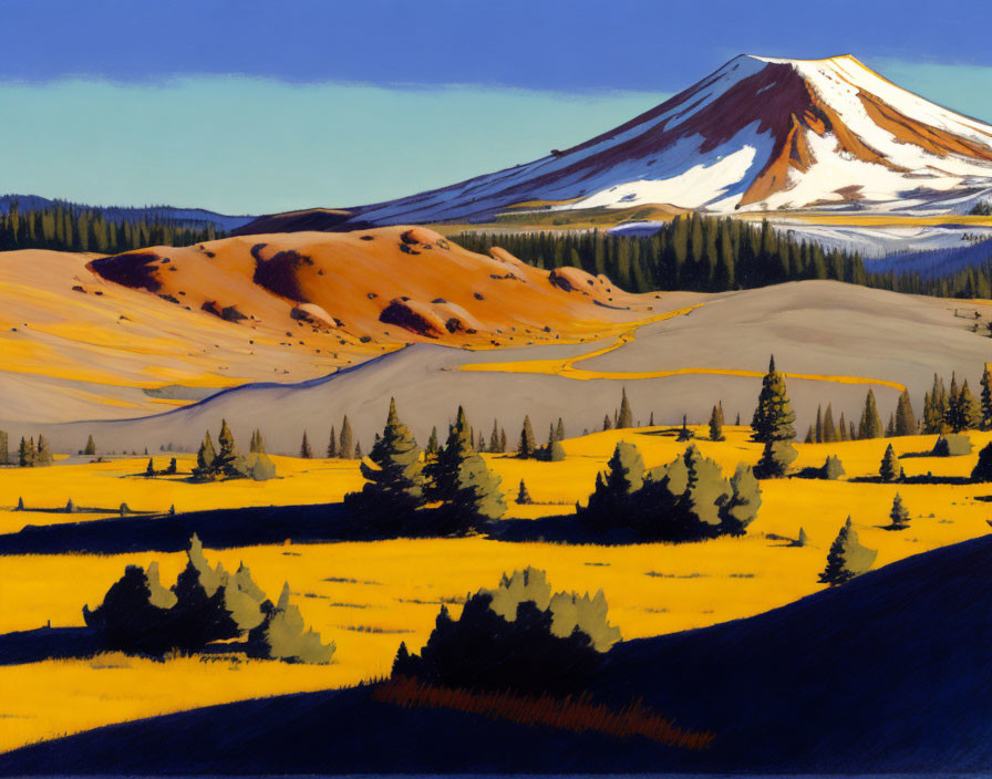 Colorful mountain landscape painting with yellow fields, pine trees, rolling hills, and snow-capped peak