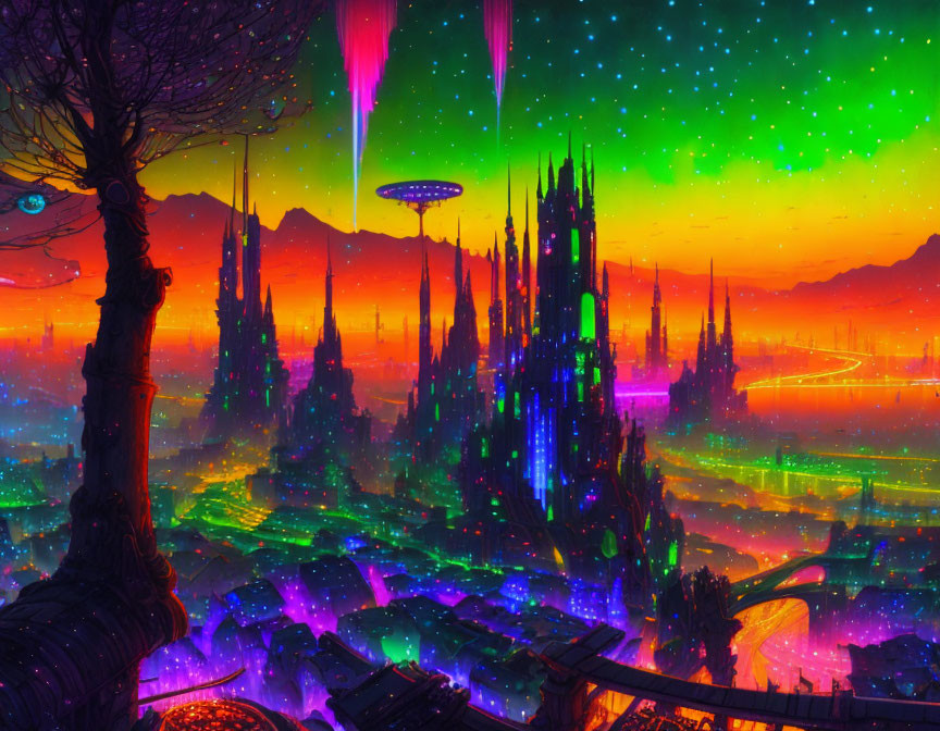 Futuristic neon cityscape with flying vehicles & starry sky