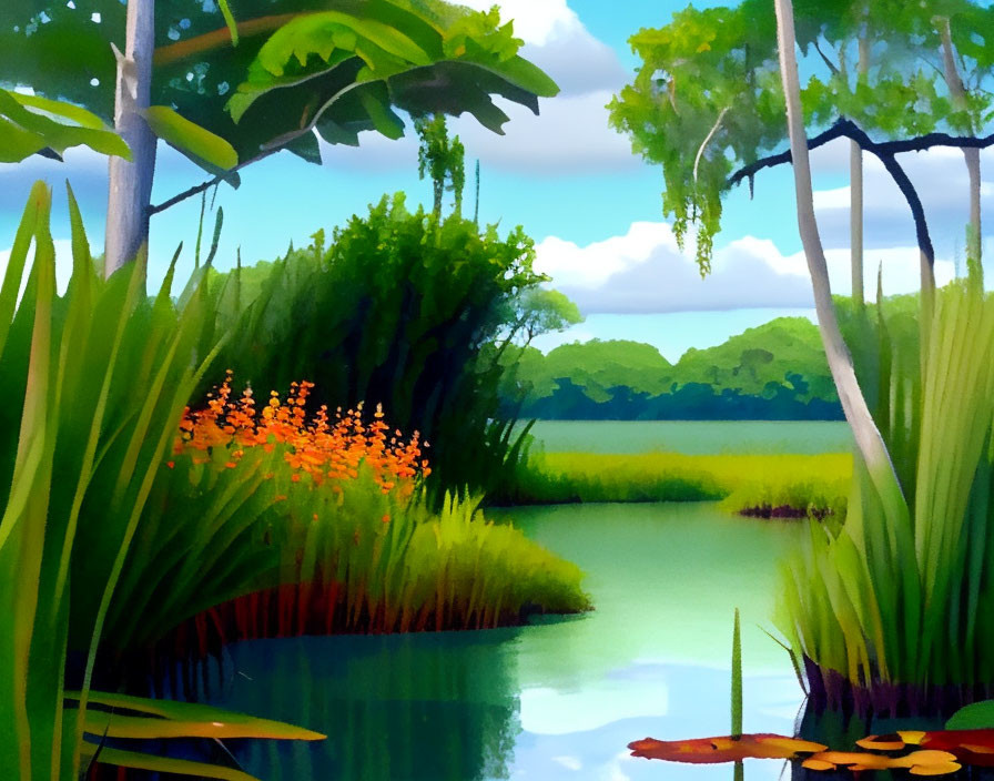 Colorful Wetland Illustration with Green Foliage and Orange Flowers