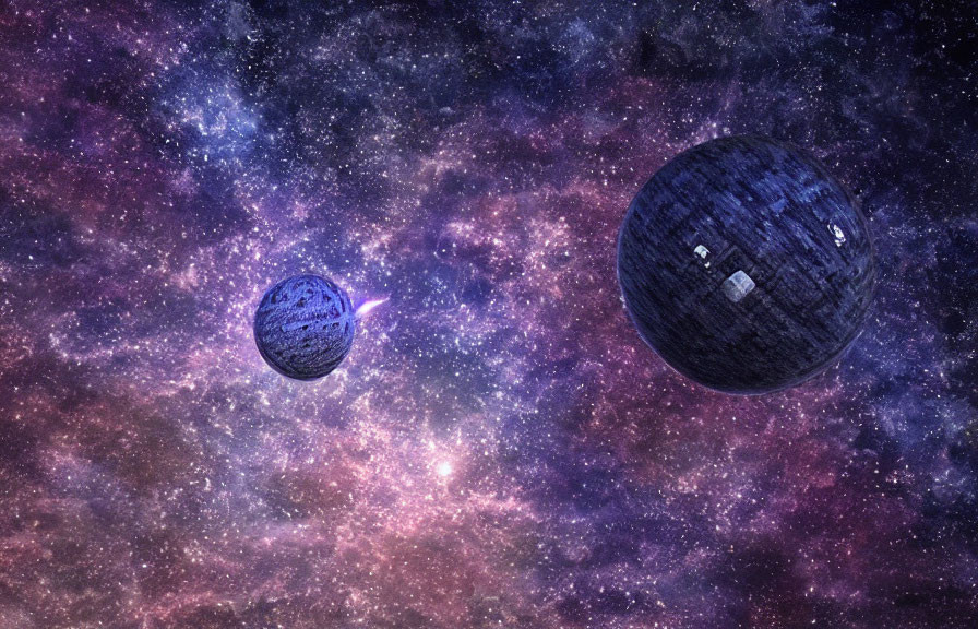 Spherical Death Star and planet in cosmic nebula.