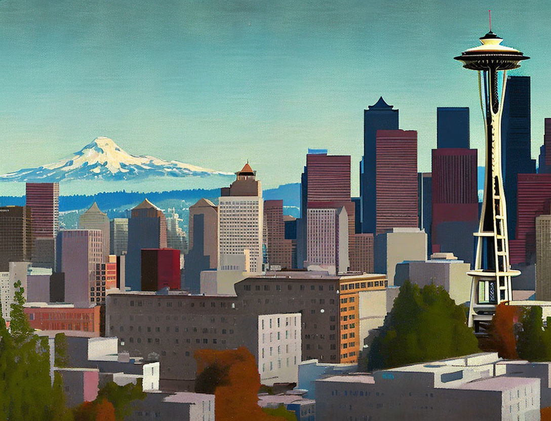 Vibrant Seattle Skyline Painting with Space Needle and Mount Rainier