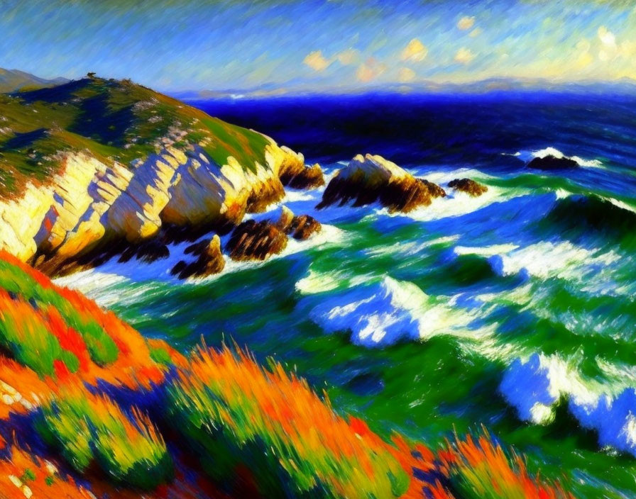 Colorful Coastal Scene with Crashing Waves and Wildflowers