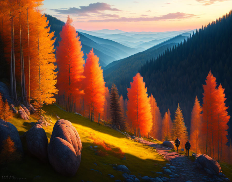 Scenic autumn forest with golden trees, hikers, and mountain view at sunset