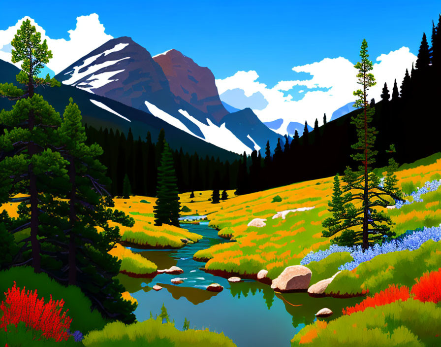 Vibrant mountain landscape with stream, meadows, pine trees, and snowy peaks