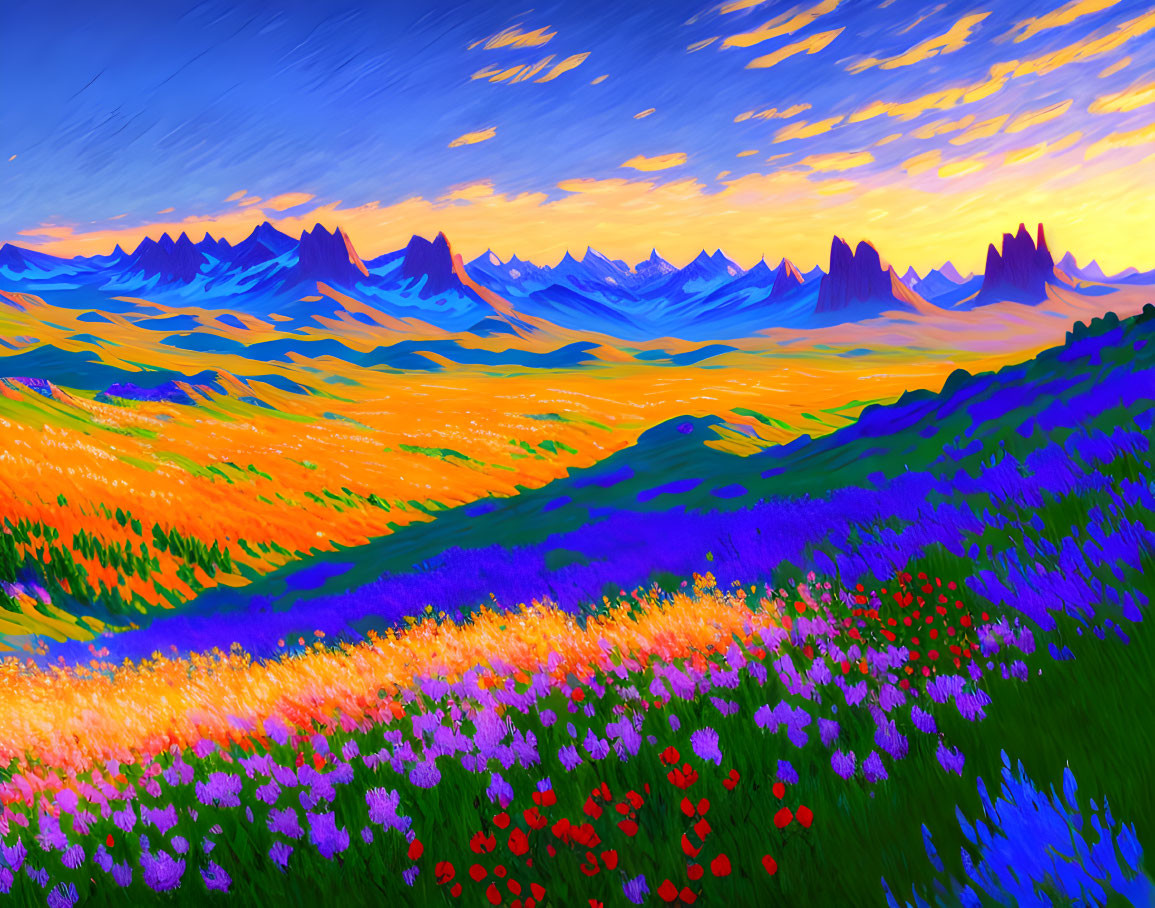 Colorful wildflowers in front of purple mountains under a dynamic sky