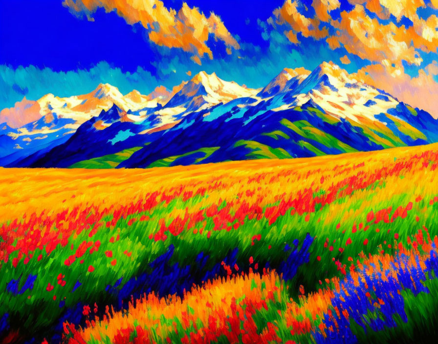 Impressionistic painting: Wildflower meadow, red and orange blooms, snow-capped mountains,