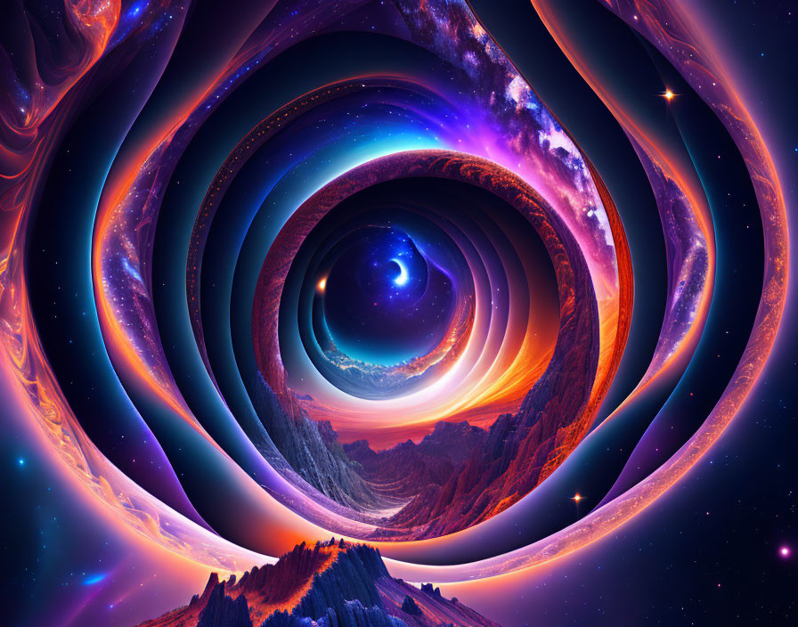 Surreal digital artwork: Cosmic spiral with stars and nebulae above mountainous landscape