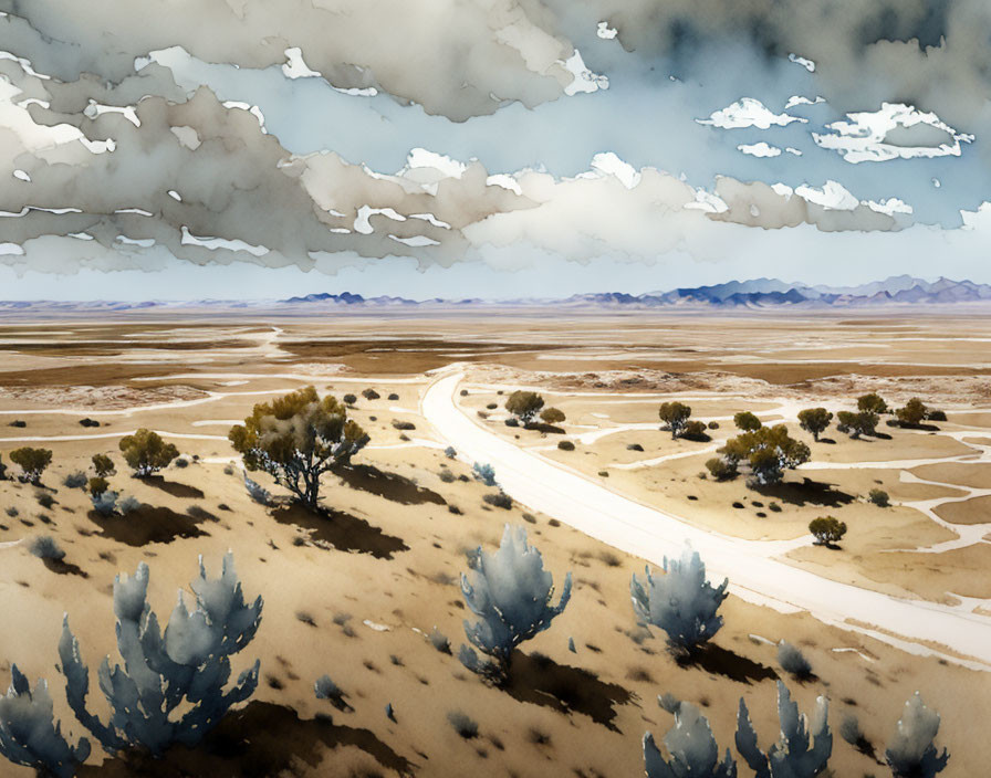 Desert landscape watercolor painting with winding road