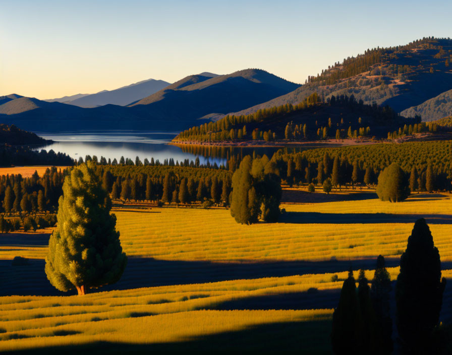 Serene landscape with lake, hills, and sunlight