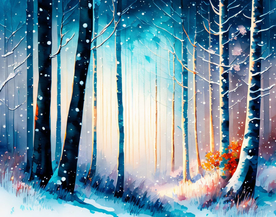 Snowy forest watercolor painting with tall trees and sun rays in misty blue-orange ambiance