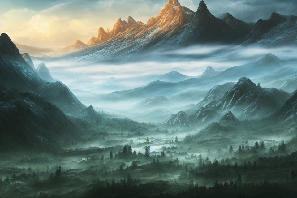 Misty Valley Landscape with Mountain Peaks at Sunrise or Sunset