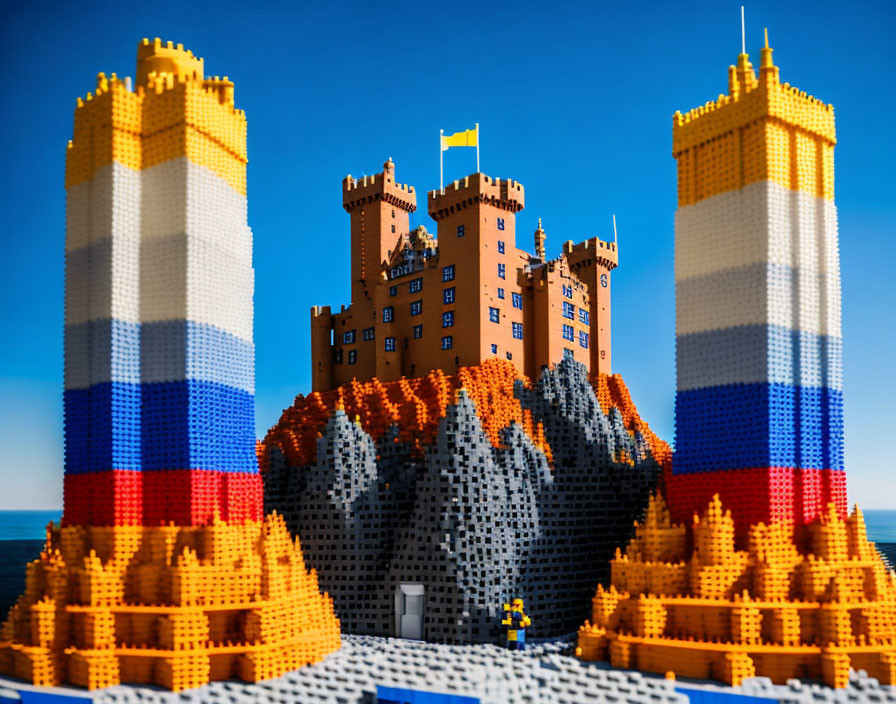 Colorful LEGO Castle on Rocky Outcrop with Figure in Clear Blue Sky