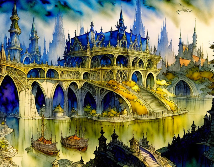 Fantastical cityscape with spires, bridges, and boats in vibrant watercolor.