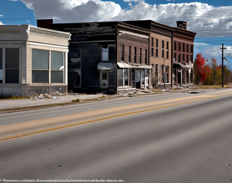 Deserted road with rundown buildings under cloudy sky