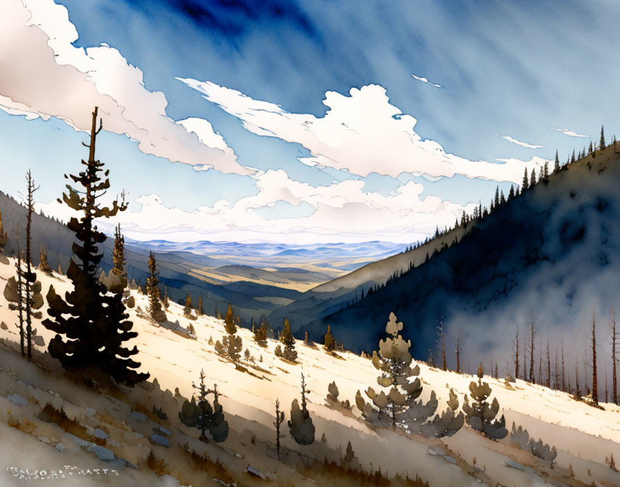 Sunlit Mountain Watercolor Landscape with Pine Trees and Cloudy Sky