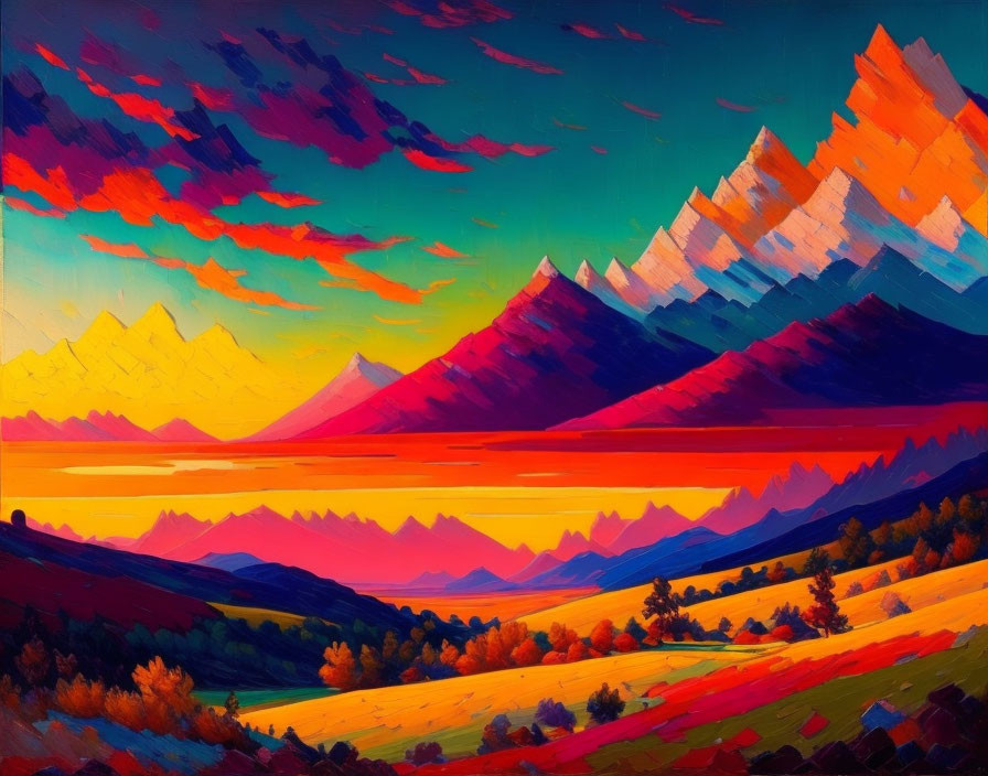 Colorful sunset mountain landscape painting with vibrant hues