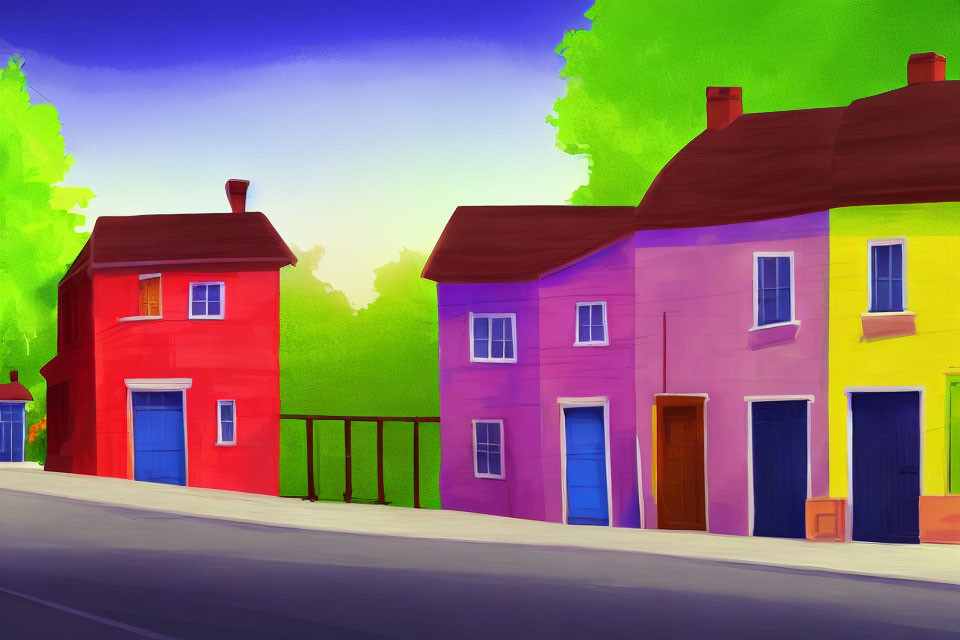 Colorful Cartoon-Style Houses in Vibrant Street Scene