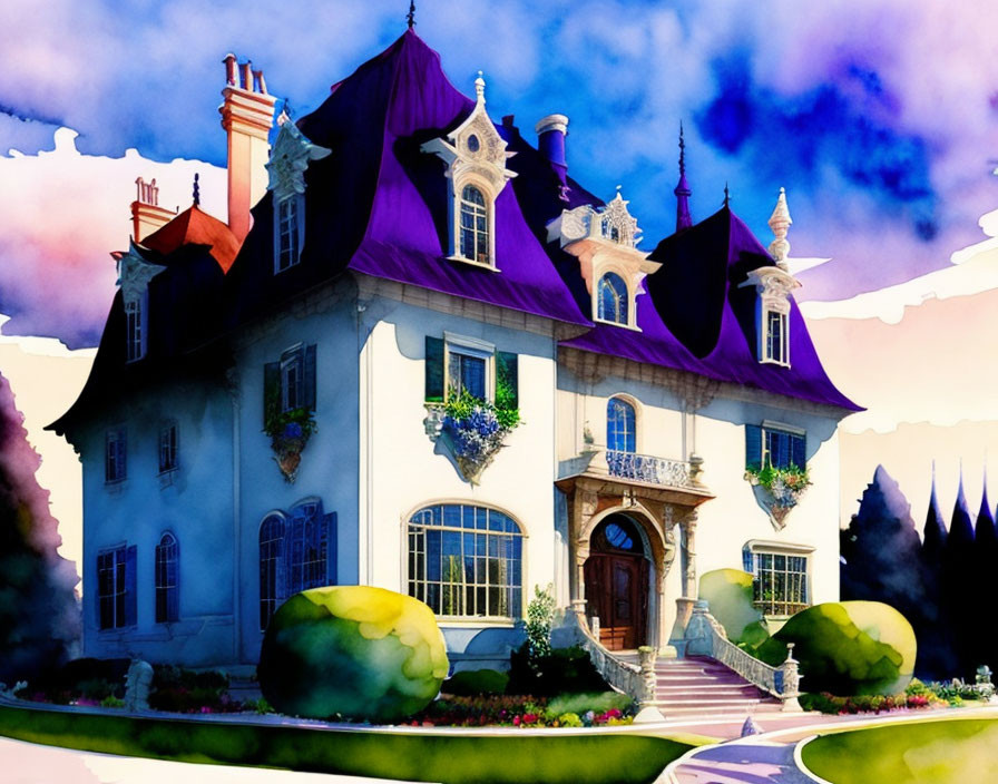 Whimsical house illustration with purple roof and ornate windows