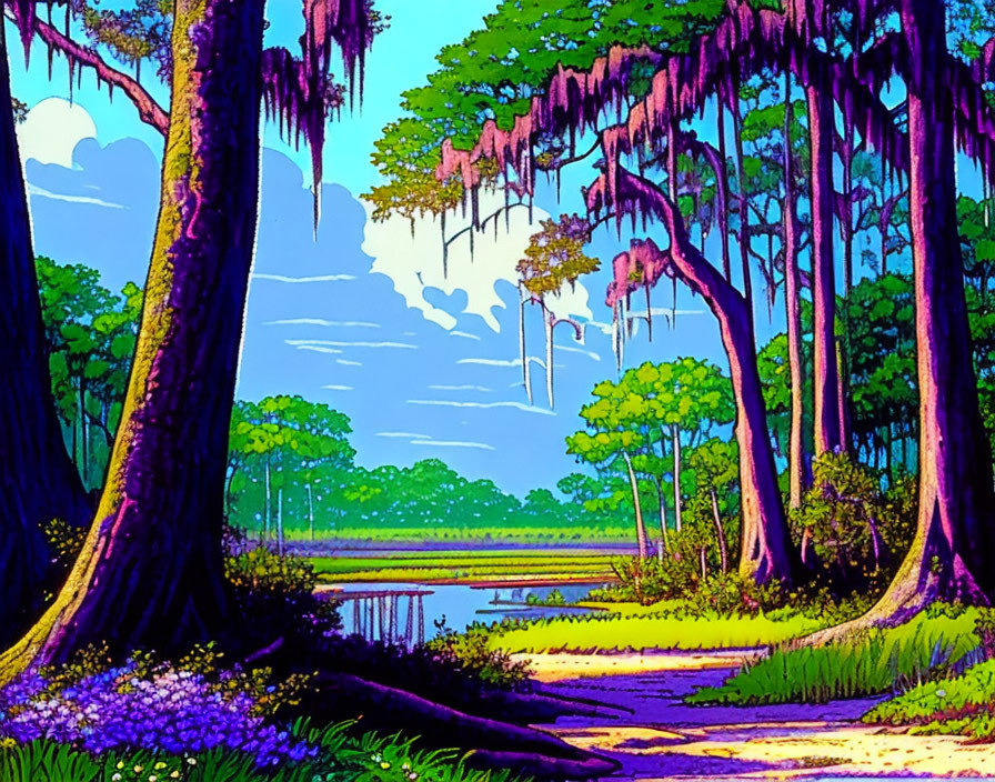 Illustrated vibrant forest with moss-covered trees, serene lake, and purple flower-lined path under blue sky