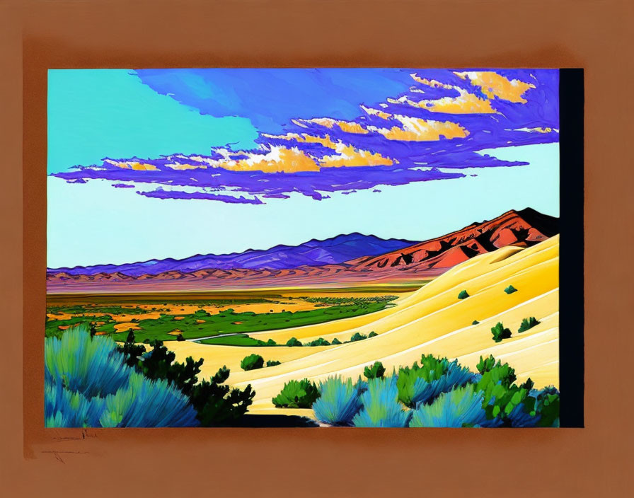 Colorful desert landscape painting with blue sky, purple clouds, yellow sand dunes, and red mountains