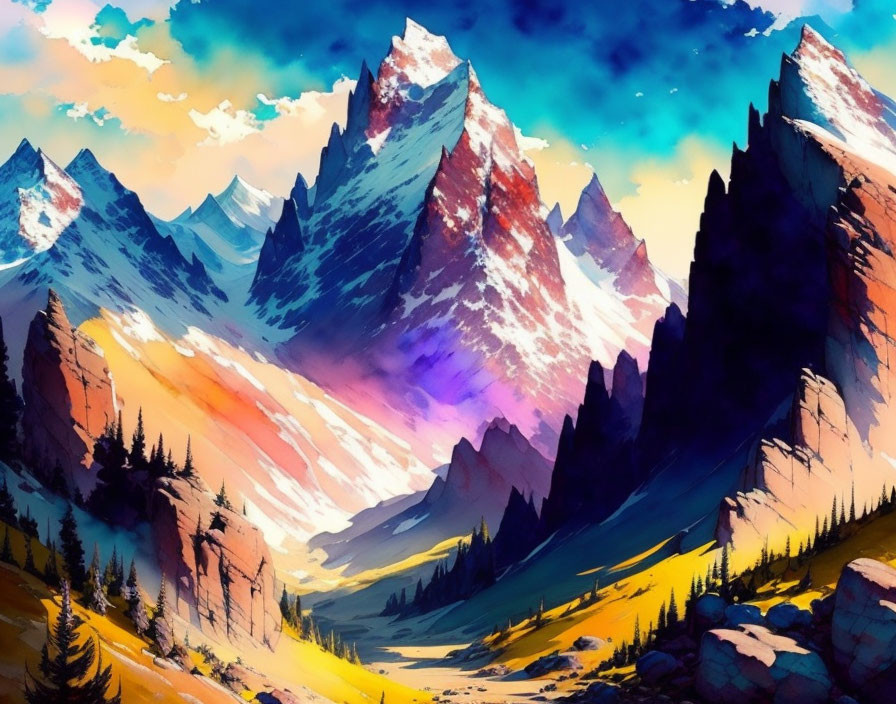 Colorful mountain landscape with blue skies and sunset clouds