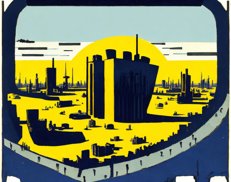 Stylized industrial landscape in bold yellow and blue colors