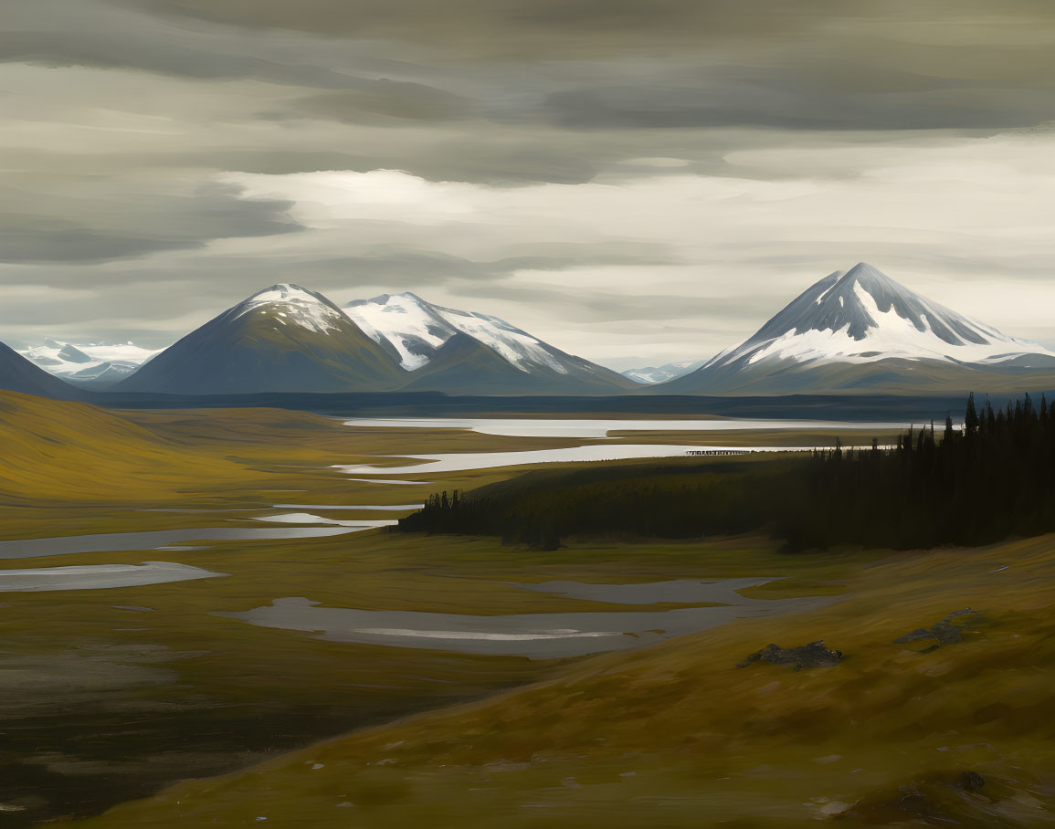 Tranquil valley with river, grasslands, forest, and mountains under cloudy sky