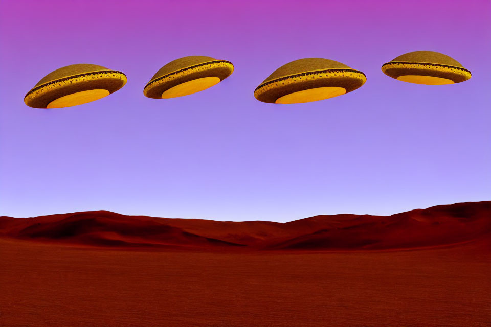 Golden UFOs in Formation Over Red Desert Landscape and Purple Sky