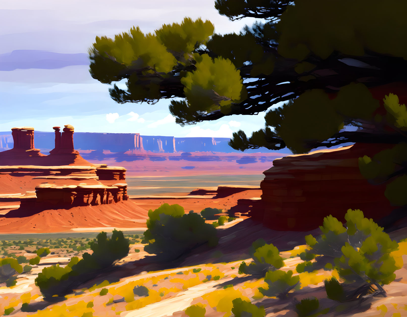 Desert landscape with red rock formations and green shrubbery