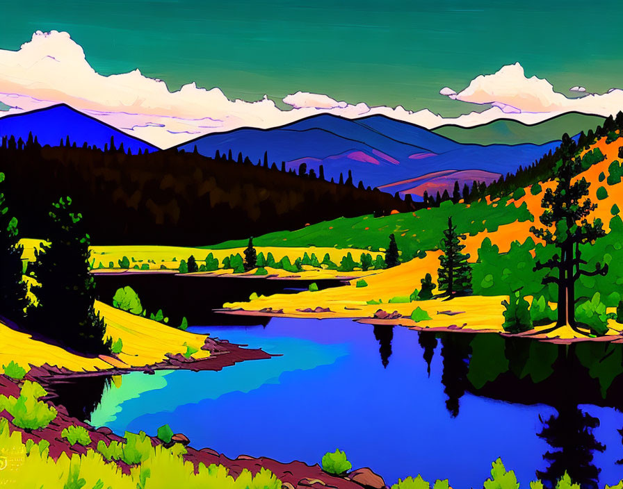 Colorful landscape painting with hills, trees, river, mountains, and clouds.