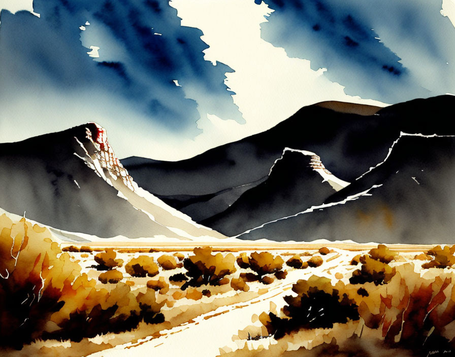 Dark Mountain Peaks & Golden Valley Watercolor Landscape