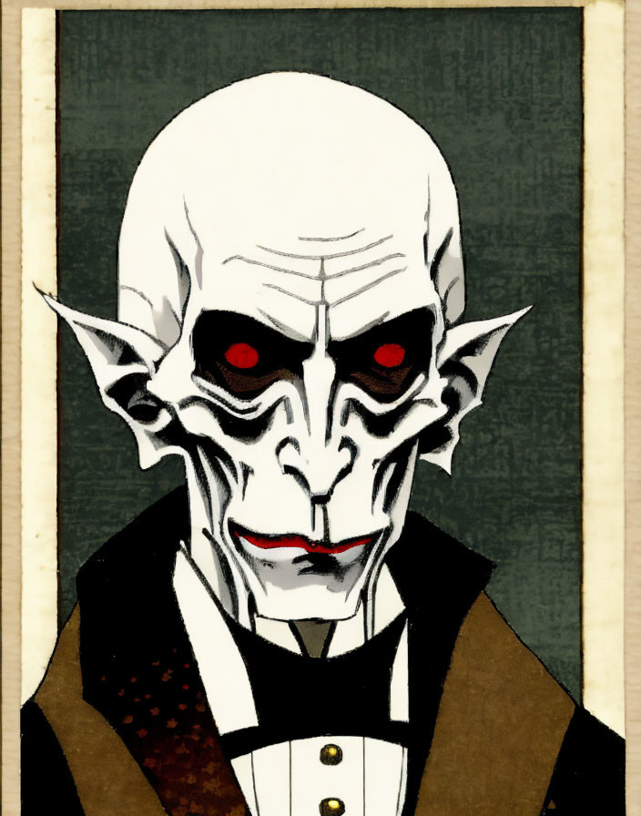 Sinister Character with Pale Skeletal Face and Red Eyes