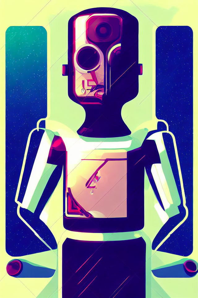 Colorful geometric robot illustration with red eye on gradient background