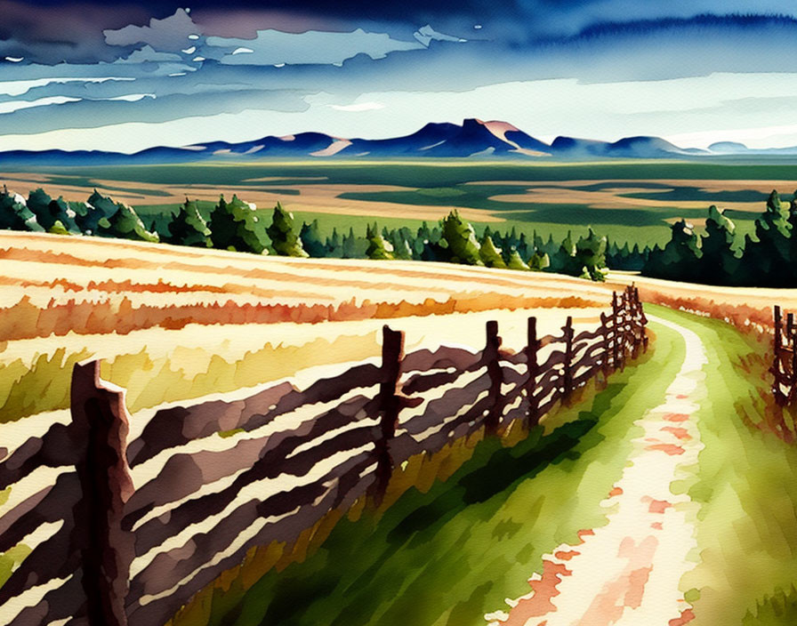 Stylized landscape with dirt path, fence, fields, mountains, blue sky