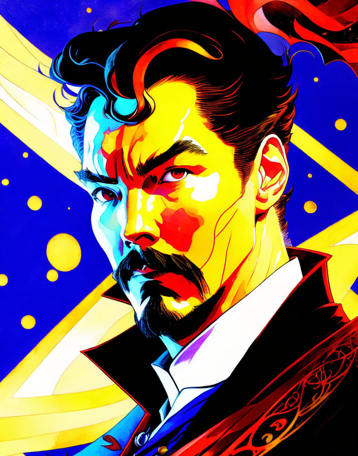 Comic-style illustration: Man with dark hair, goatee, in red & black cloak with mystical symbols