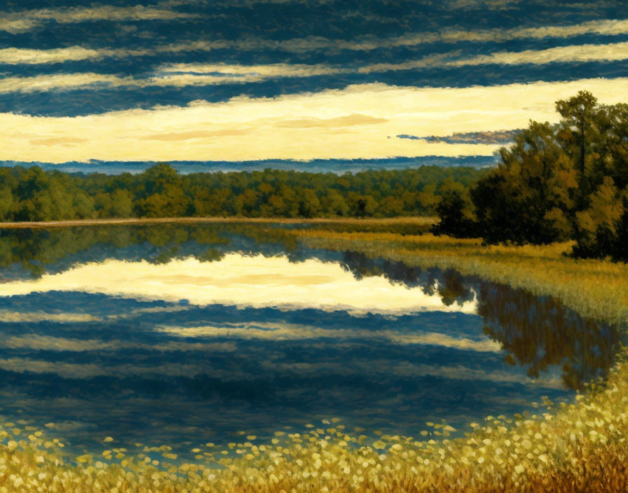 Tranquil landscape: reflective lake, lush trees, dramatic sky