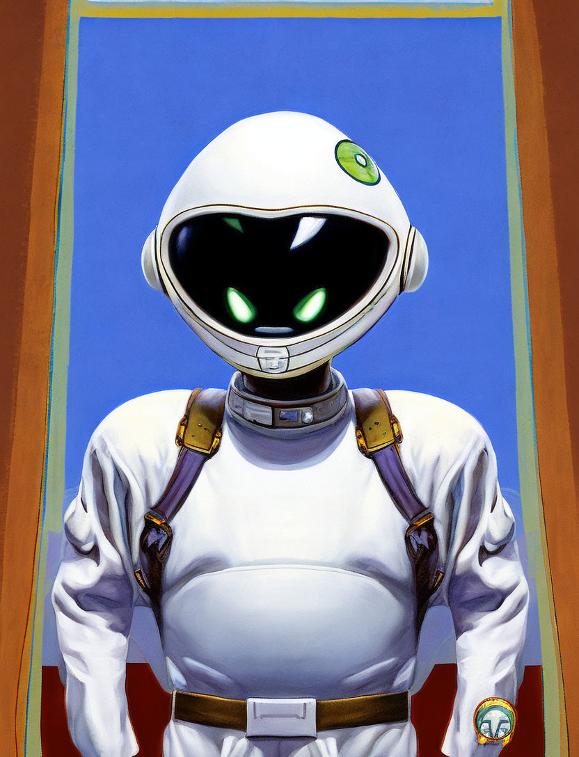 Humanoid Figure in White Space Suit with Glowing Green Eyes on Blue and Red Background