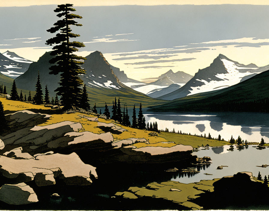 Scenic mountain landscape with lake, pine trees, and warm sunset light