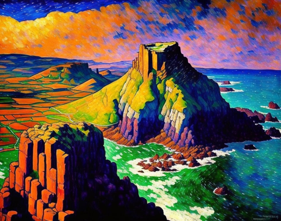 Vibrant expressionist coastal landscape painting with cliffs and textured sky