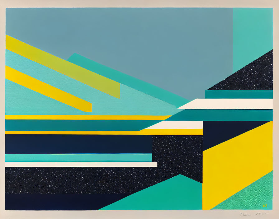 Geometric abstract painting: Yellow, blue, green shapes on pastel background