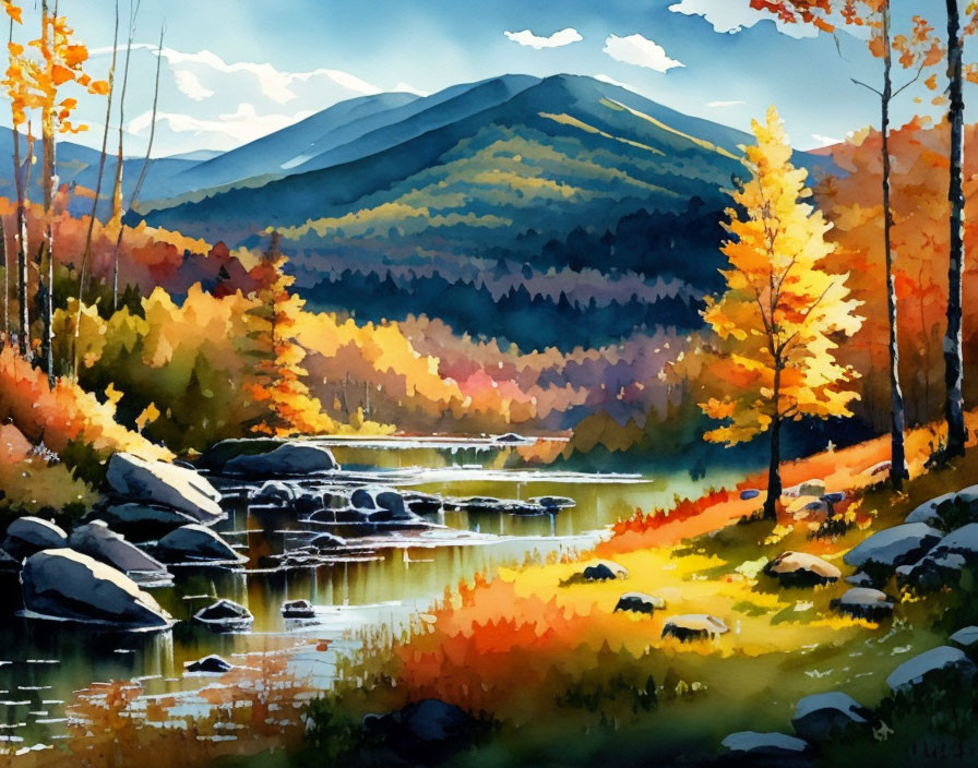 Autumnal watercolor landscape: tranquil river, mountain, clear sky