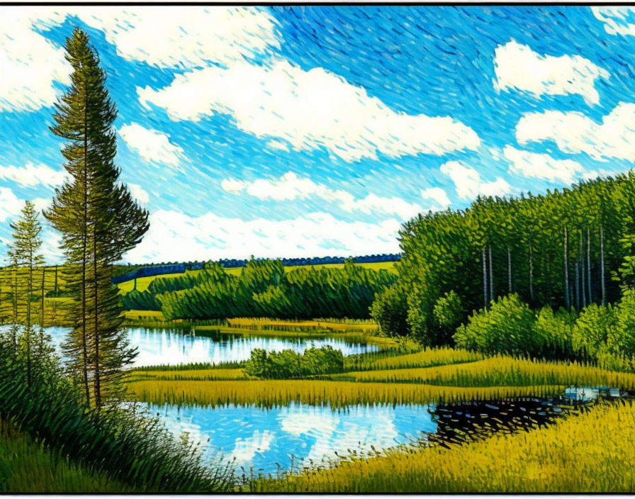 Vibrant blue sky landscape with lake, trees, and greenery