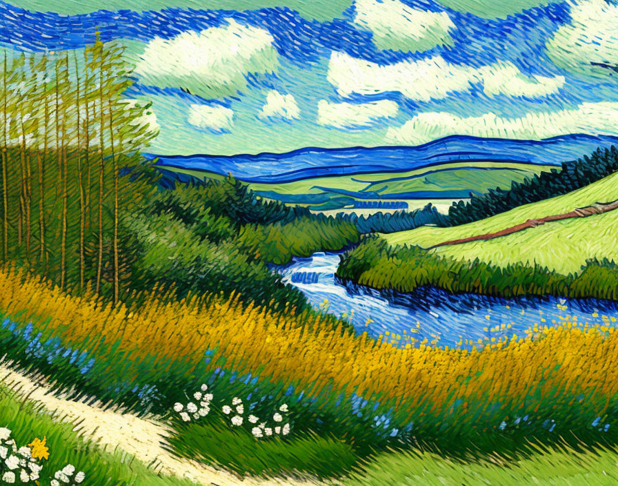 Impressionist-style painting of lush countryside and river