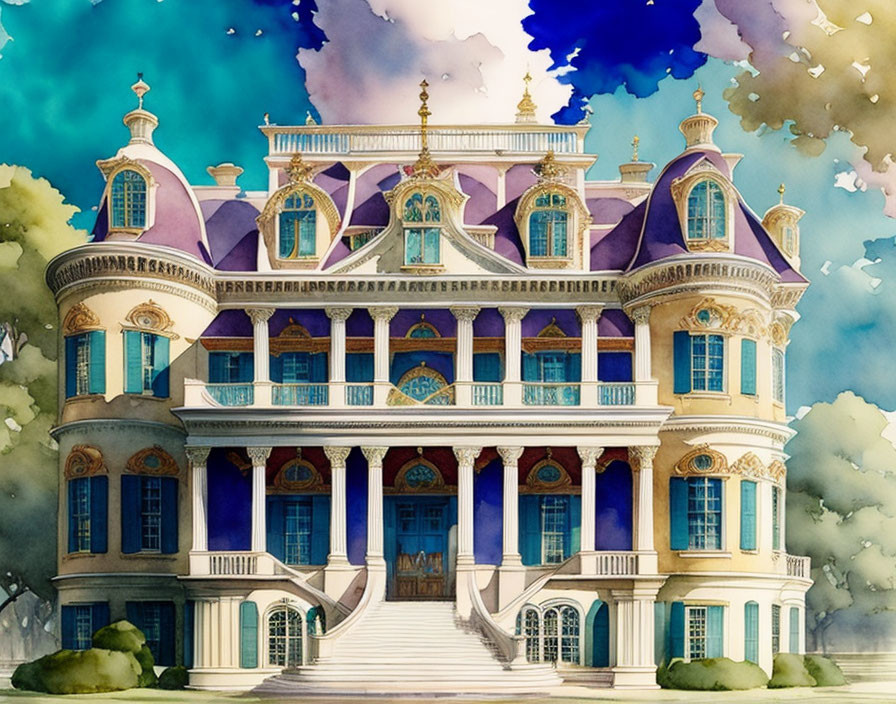 Vibrant illustration of ornate mansion with staircase and purple roof