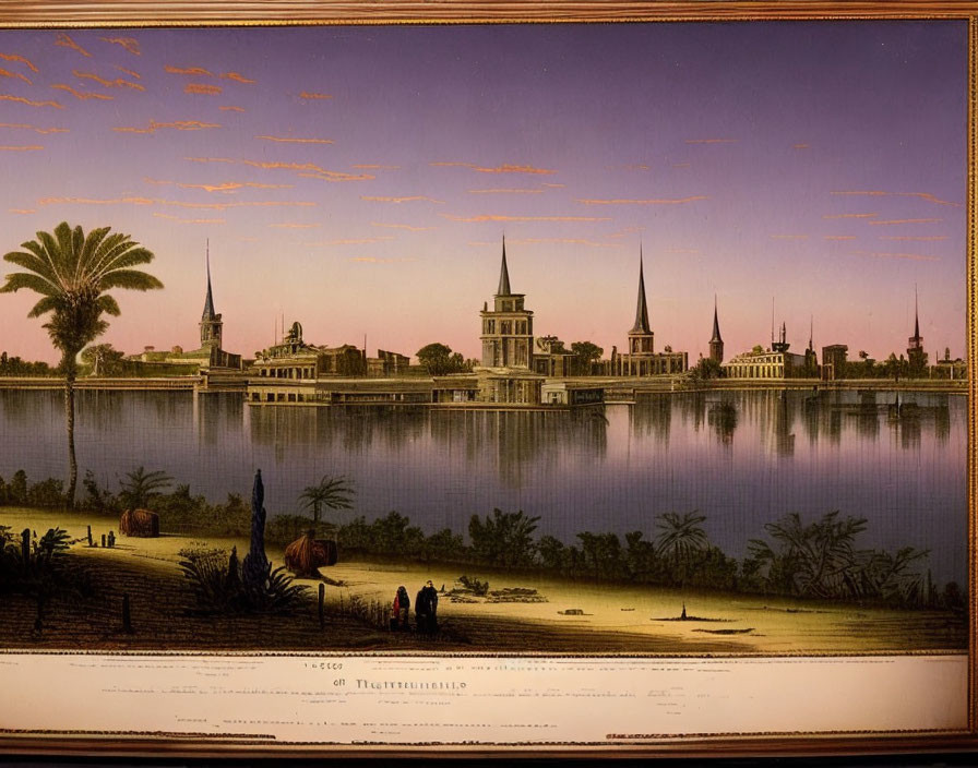 Vintage cityscape print with spires and calm water reflection in pink-hued sky