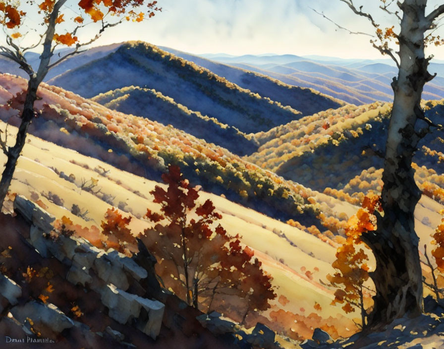 Autumn Landscape Watercolor Painting of Rolling Hills