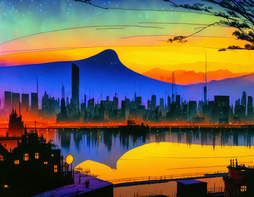 Futuristic cityscape digital artwork with sunset reflections.