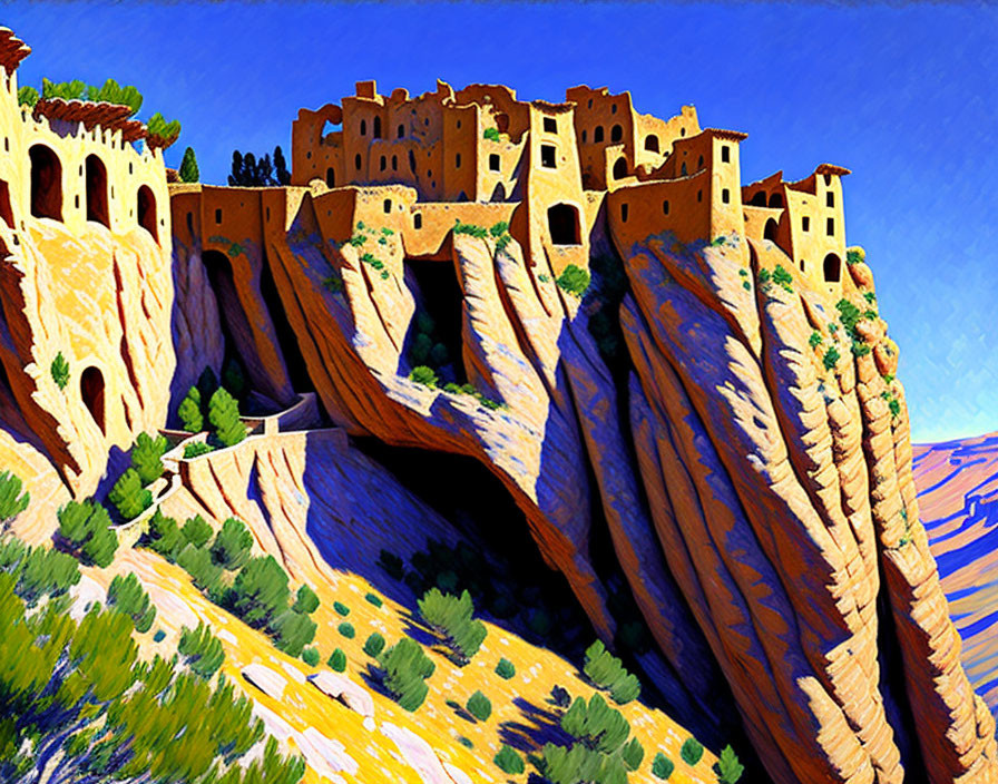 Ancient hilltop fortress painting with orange walls, greenery, blue sky