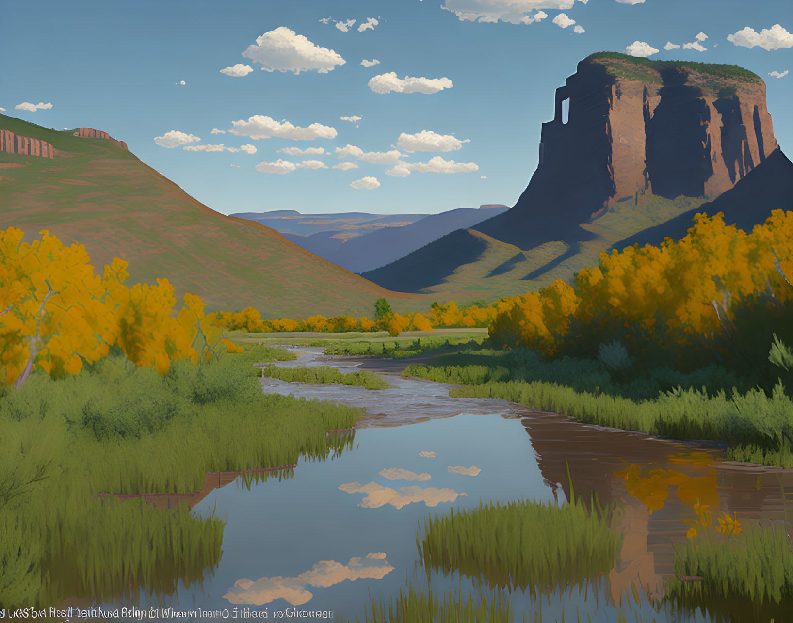 Mountainous landscape with river, greenery, and fall trees under blue sky